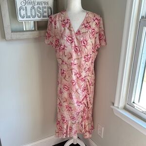 Jacqui E Floral Print Ruched Side Ruffle Hem Flutter Sleeve Midi Dress Pink NWT